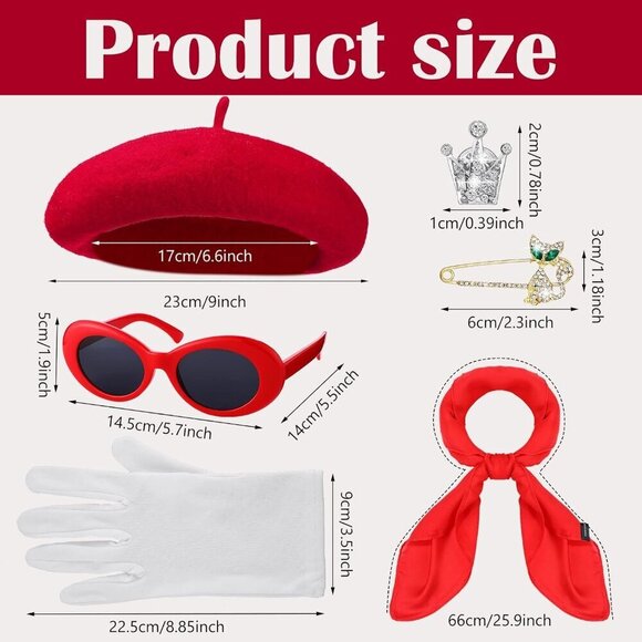Women Girls French Outfits Accessories 6 Pcs Red Beret Scarf Gloves Sunglasses B main image 7